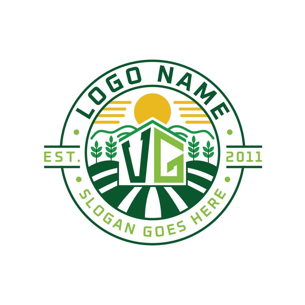 Modern Farmhouse VG Logo Design. Letter VG Agriculture Logo with Sun, Field, and Nature Elements vector