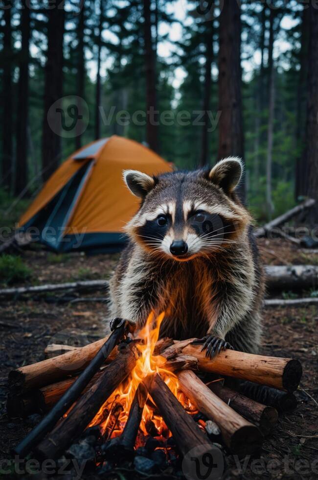 A raccoon sits by a campfire in a forest setting with a tent in the background. photo
