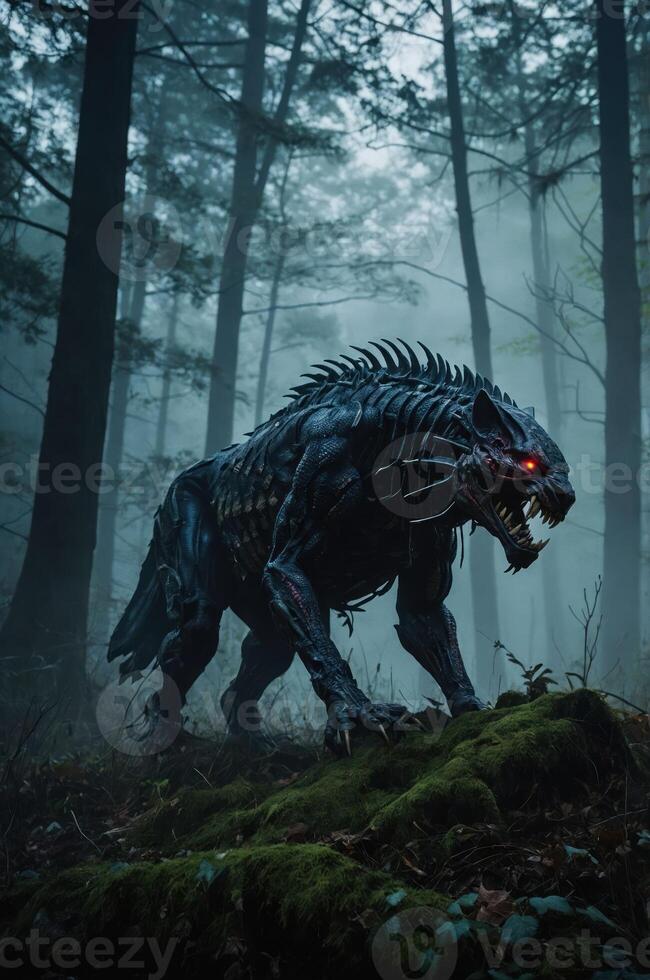 A menacing creature with glowing red eyes stands in a misty forest, exuding a dark aura. photo
