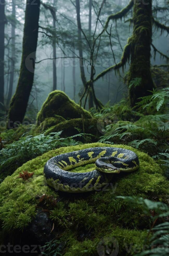 A coiled snake rests on a moss-covered rock in a misty forest, surrounded by lush greenery. photo
