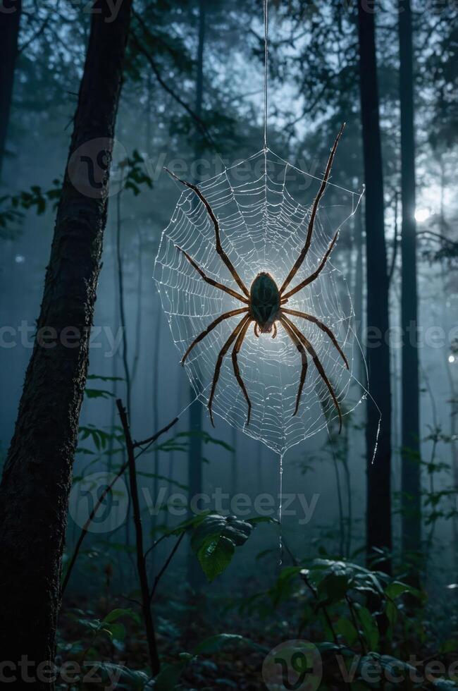A spider hangs in its web amid a misty forest, creating an eerie yet captivating atmosphere. photo