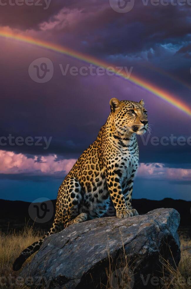 A leopard perched on a rock under a vibrant rainbow and dramatic sky. photo