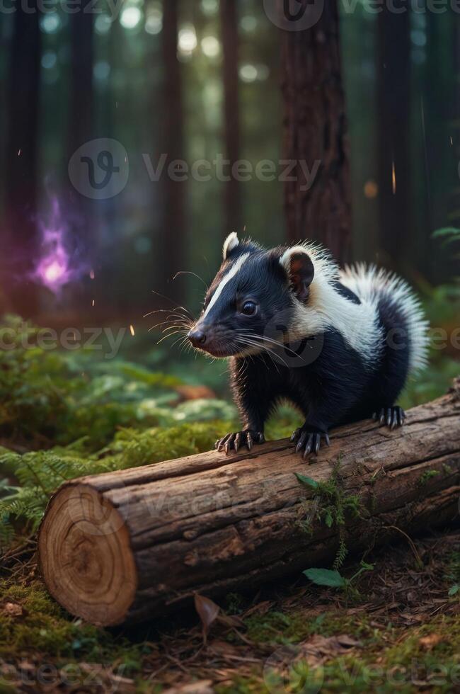 A black and white animal perched on a log in a mystical forest setting. photo