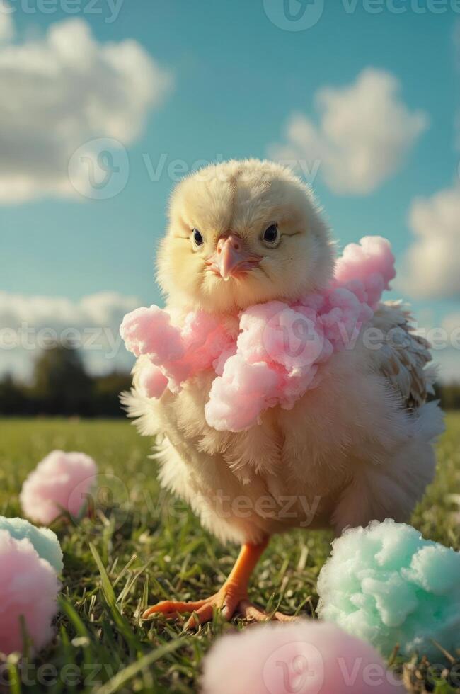 A chick adorned with cotton candy, surrounded by colorful fluff on a sunny day. photo