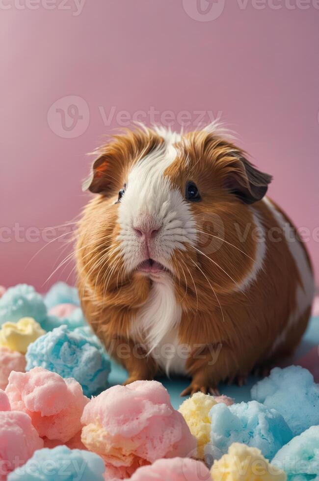 A cute guinea pig surrounded by colorful cotton candy on a pink background. photo
