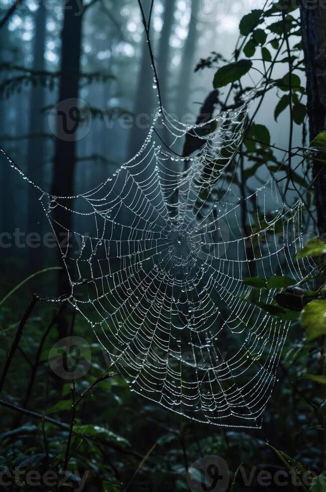 A close-up of a spider web adorned with dew drops in a misty forest setting. photo