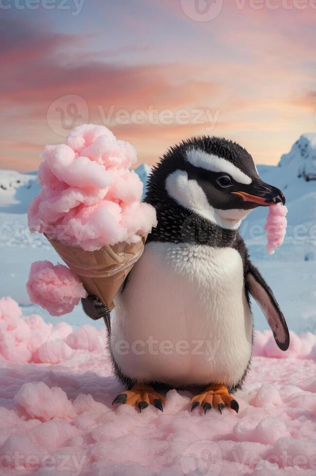 A penguin holding a cone of pink cotton candy in a snowy landscape. photo