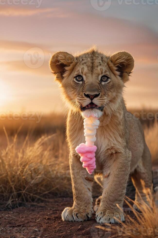 A young lion cub playfully holding an ice cream cone in a sunset landscape. photo