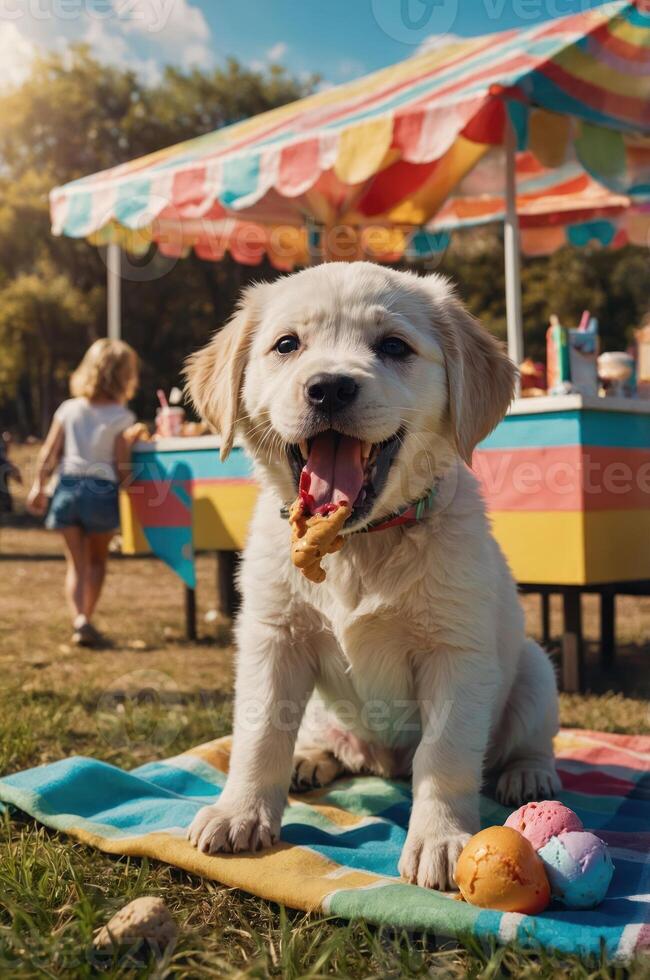 A playful puppy sits on a blanket near a colorful ice cream stand. photo