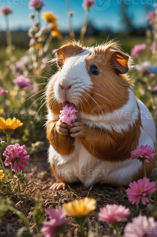 A cute guinea pig munching on a flower amidst a colorful field of blooms. photo