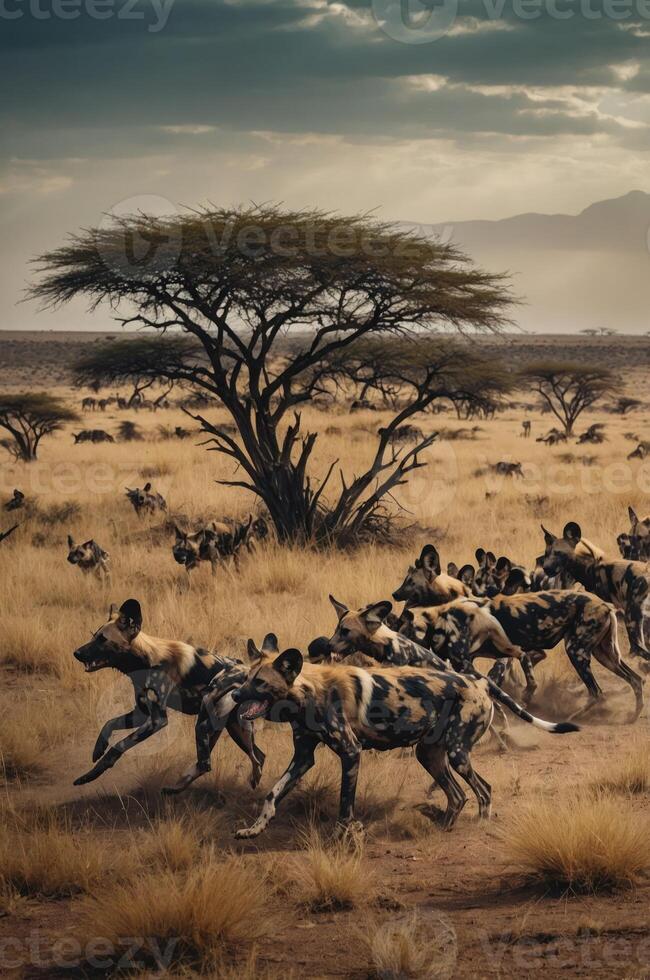 A pack of wild dogs running through a savanna landscape under dramatic skies. photo