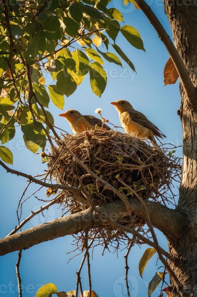 Two birds perched on a nest in a tree, surrounded by leaves under a clear blue sky. photo