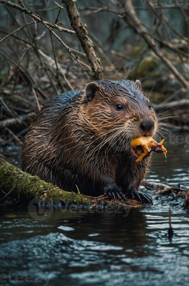 A beaver holding a piece of food while standing in a wetland area. photo