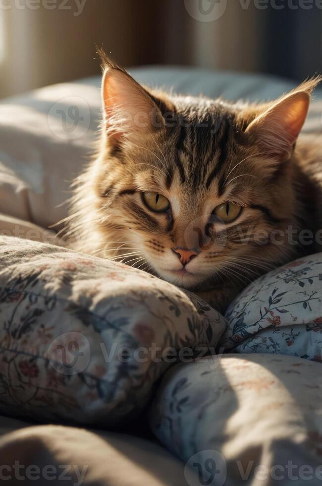 A serene cat resting on patterned pillows in soft, warm light. photo