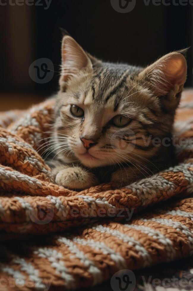 A cozy tabby cat resting on a warm, textured blanket. photo