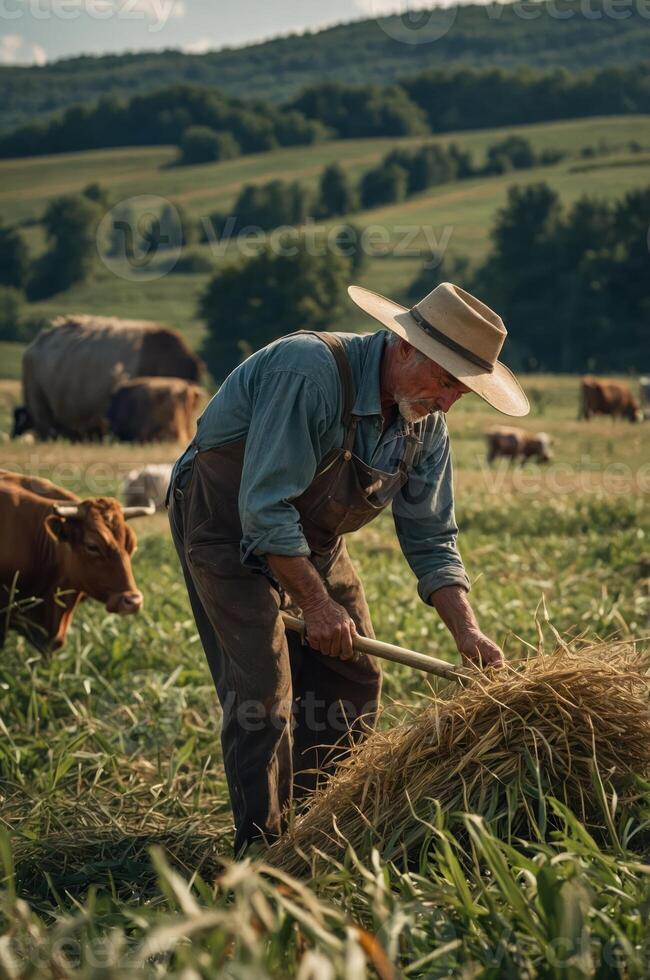 A farmer harvesting hay in a lush green field with cows in the background. photo