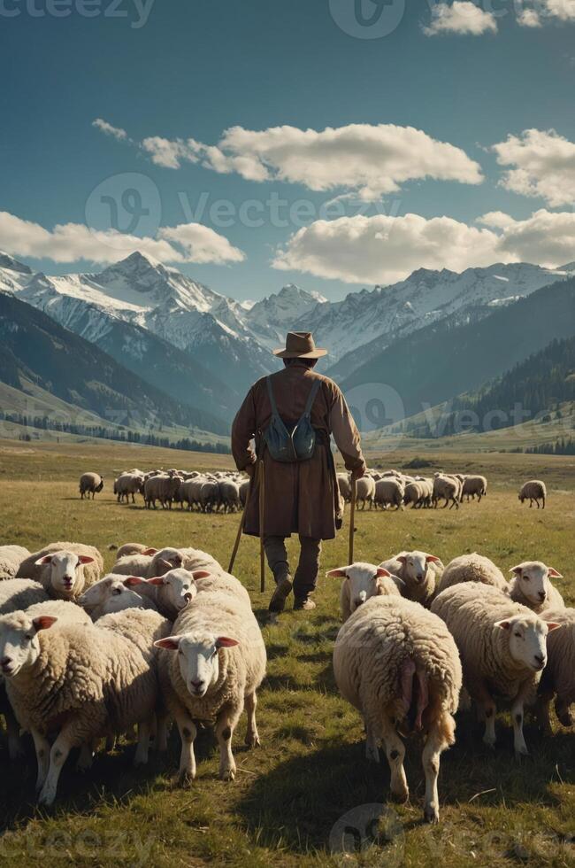 A shepherd guides a flock of sheep in a mountainous landscape under a clear sky. photo