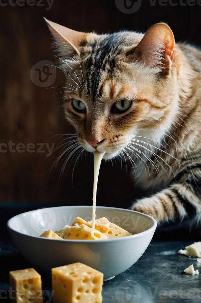 A cat enjoys cheese from a bowl, with cheese dribbling from its mouth. photo