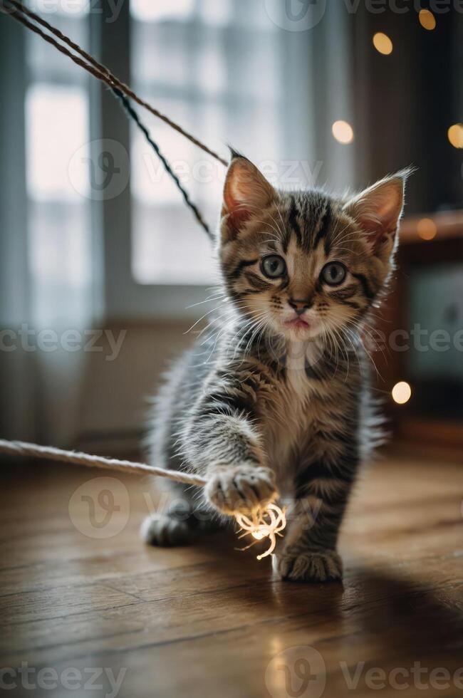 A playful kitten interacts with a string of lights in a cozy indoor setting. photo