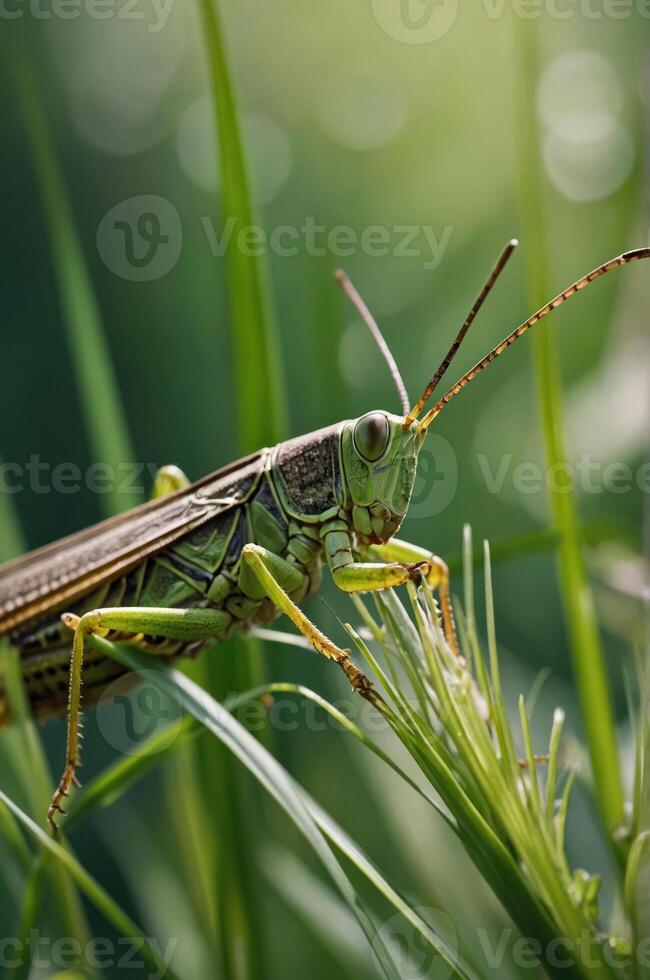 A close-up of a grasshopper resting on green grass, highlighting its intricate details. photo