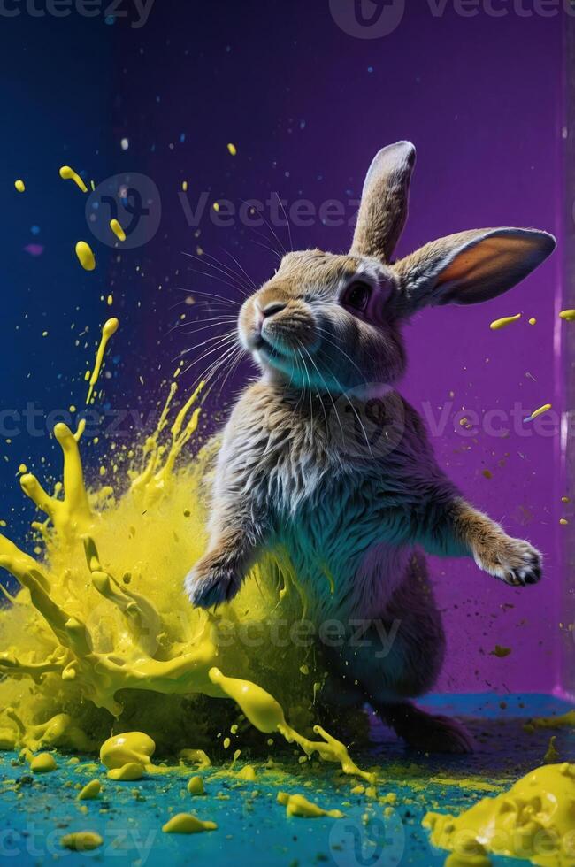 A rabbit leaps through a vibrant splash of yellow paint against a colorful background. photo