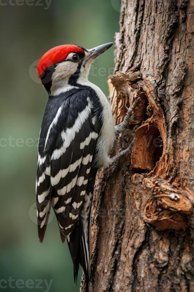 A woodpecker with a red cap pecks at a tree trunk near its nest hole. photo