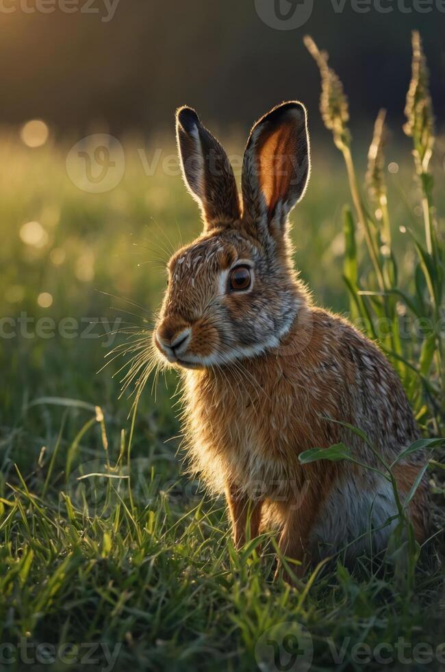 A close-up of a rabbit sitting in a grassy field during golden hour. photo