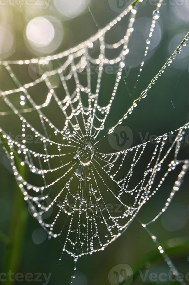 A close-up of a spider web adorned with dew droplets, showcasing nature's intricate beauty. photo