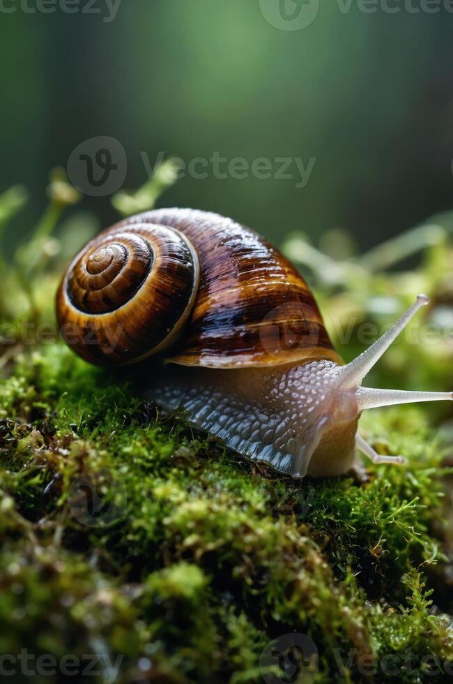 A close-up of a snail on moss, showcasing its shell and environment. photo