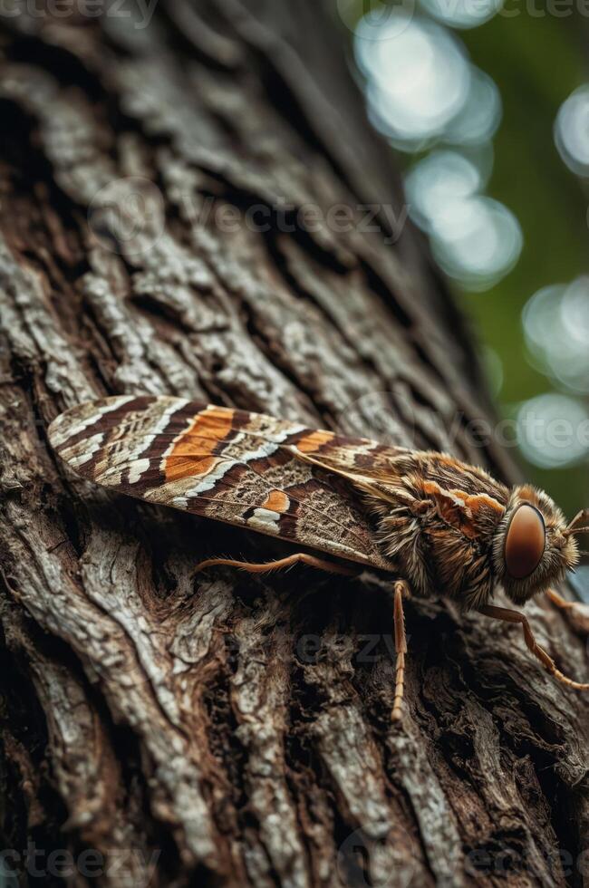 A close-up of a brown and orange moth resting on a textured tree trunk. photo