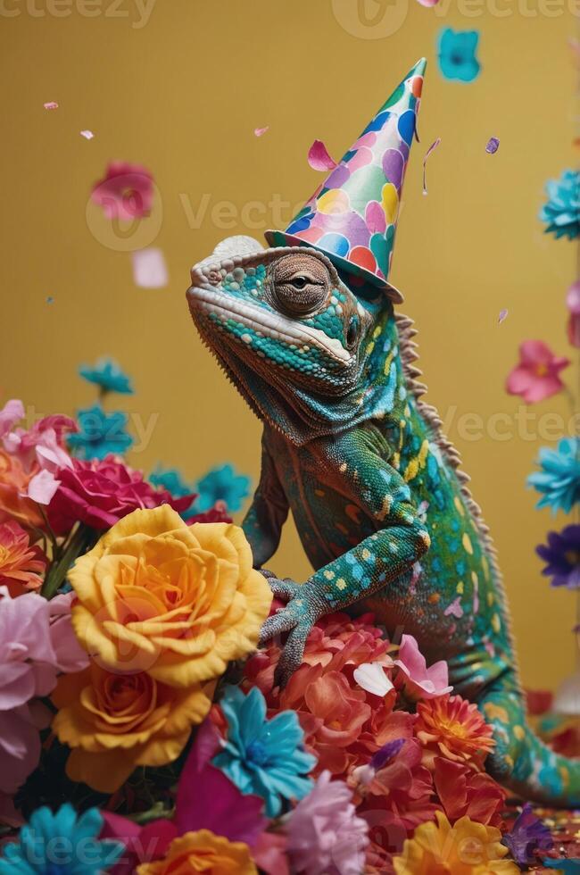 A colorful chameleon wearing a party hat among vibrant flowers, celebrating a festive occasion. photo