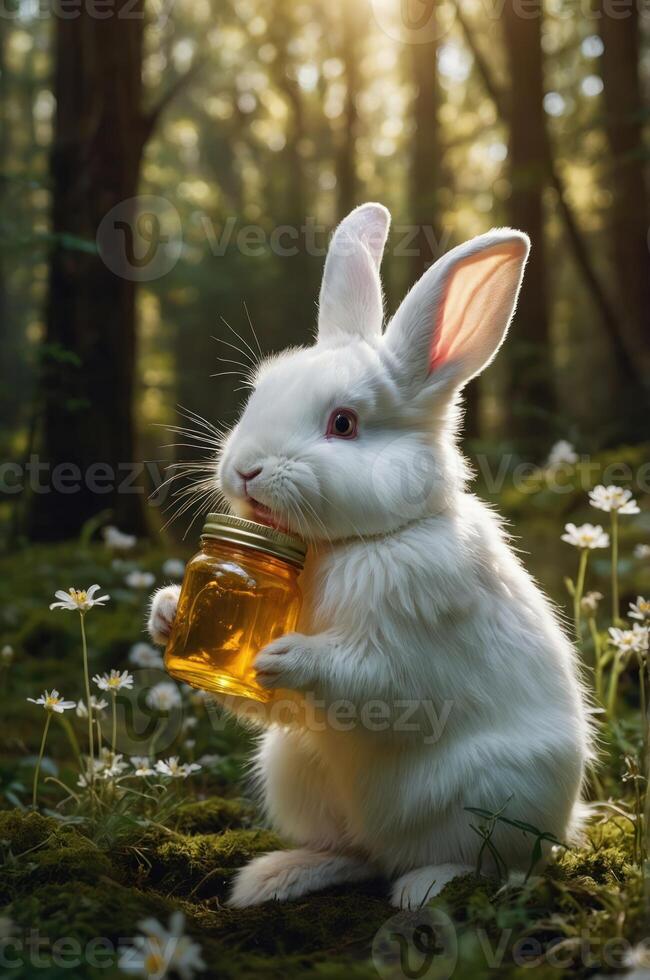 A cute white rabbit holding a jar of honey in a sunlit forest filled with flowers. photo
