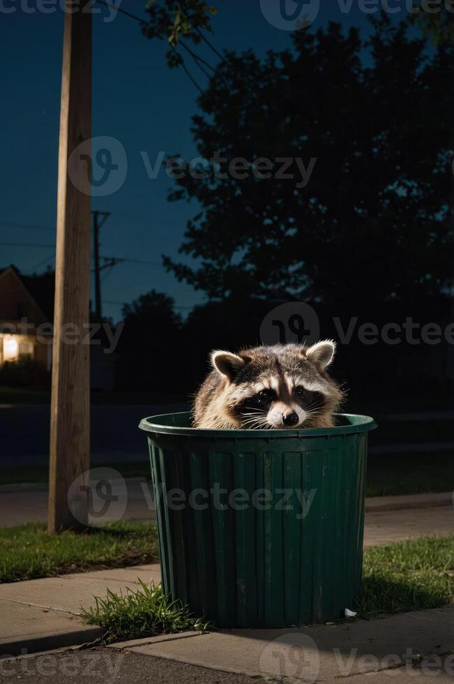 A raccoon peeks out from a green trash bin at night, illuminated by nearby streetlights. photo