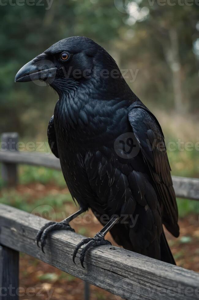 A close-up of a black raven perched on a wooden fence in a natural setting. photo