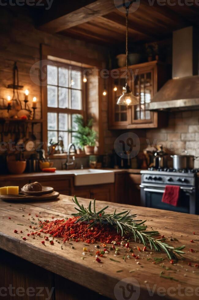 A rustic kitchen scene with herbs and spices on a wooden table, evoking culinary creativity. photo