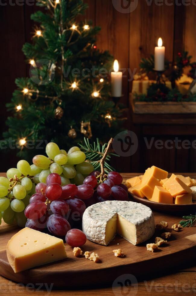 A festive cheese platter with grapes, nuts, and a Christmas tree in the background. photo