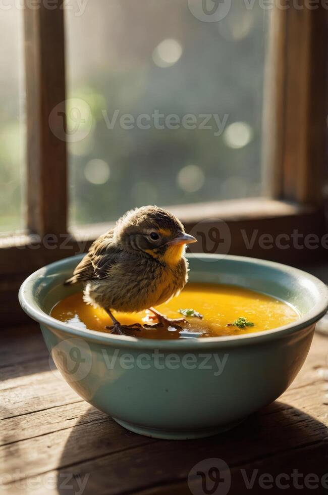 A small bird standing in a bowl of soup by a window, illuminated by soft sunlight. photo