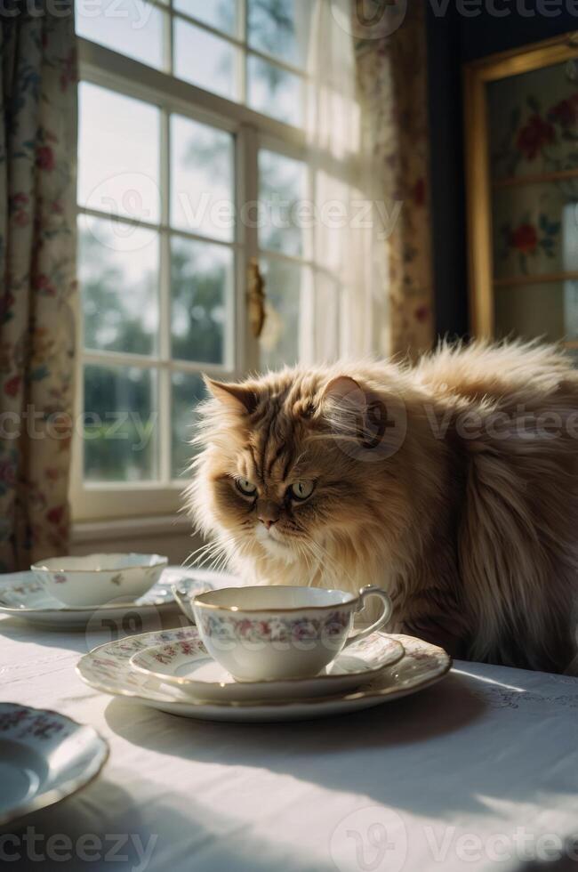 A fluffy cat curiously inspects fine china on a table by a sunny window. photo