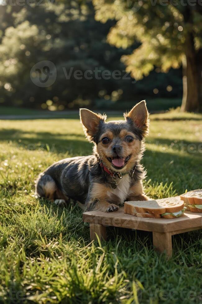 A happy dog lounging on grass beside a small wooden tray with sandwiches. photo