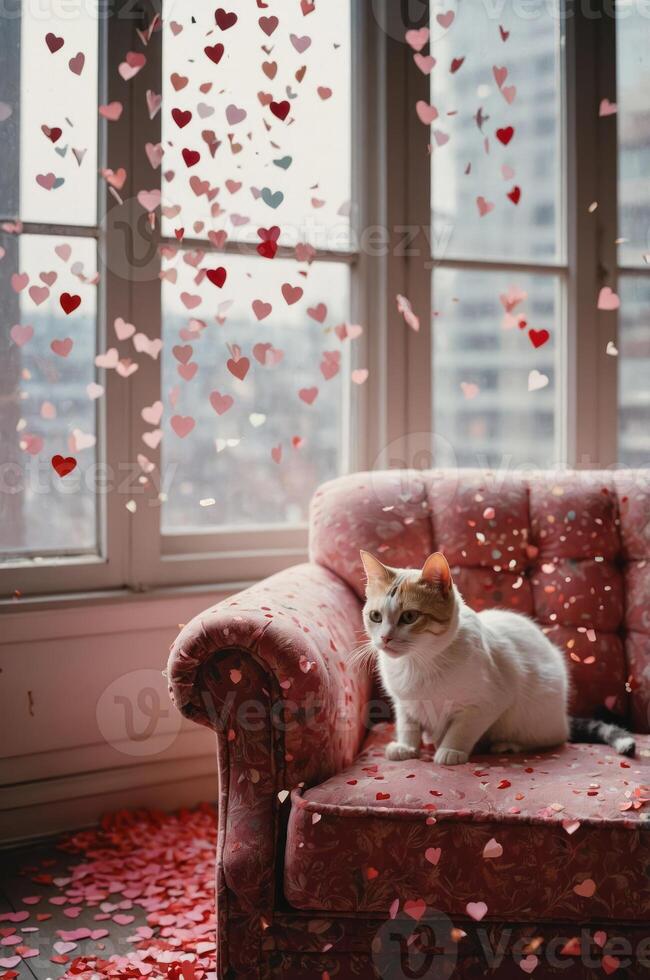 A cozy scene featuring a cat on a heart-themed couch with floating heart decorations. photo