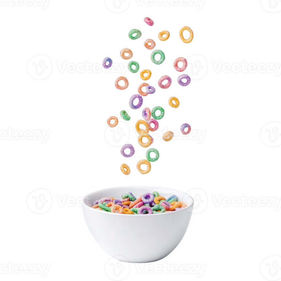 Colorful cereal rings falling into a white bowl png