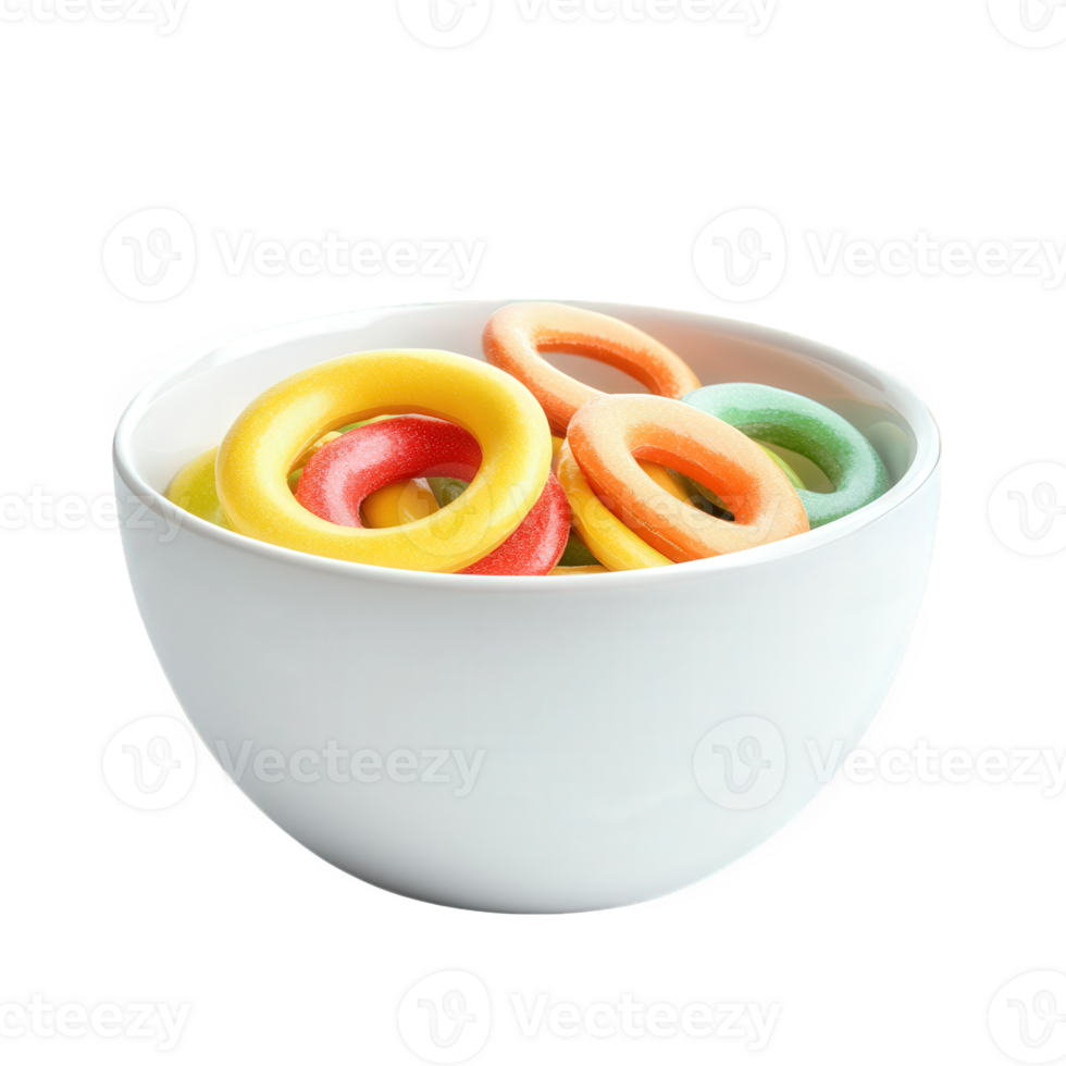 Colorful Ring Shaped Candies In A White Bowl png