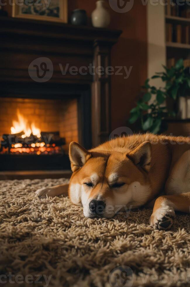 A peaceful dog resting on a rug near a cozy fireplace, creating a warm atmosphere. photo