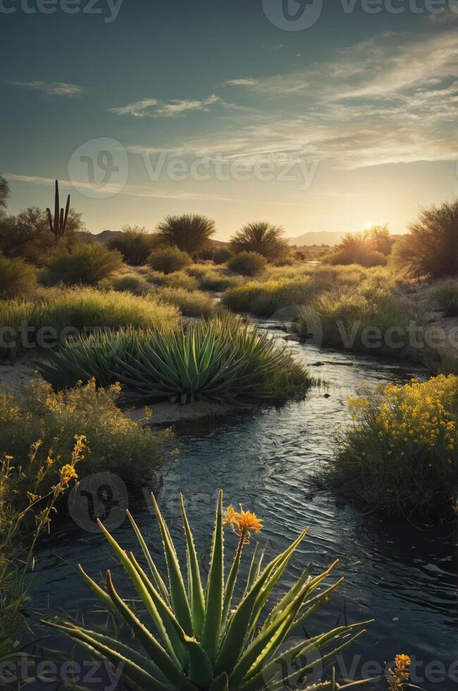 A serene desert landscape at sunset, featuring a stream and lush vegetation. photo