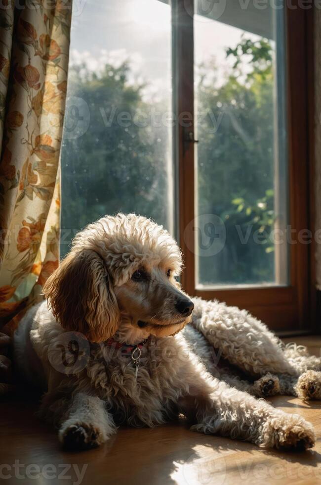 A fluffy dog relaxing by a sunlit window, creating a warm and cozy atmosphere. photo