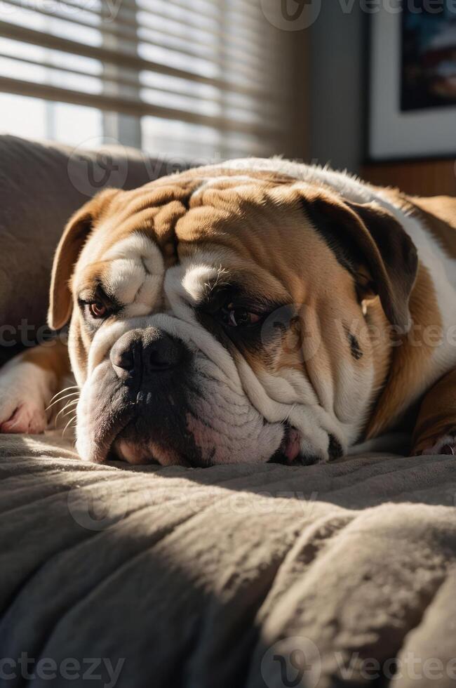 A relaxed bulldog lounging on a couch in warm sunlight. photo