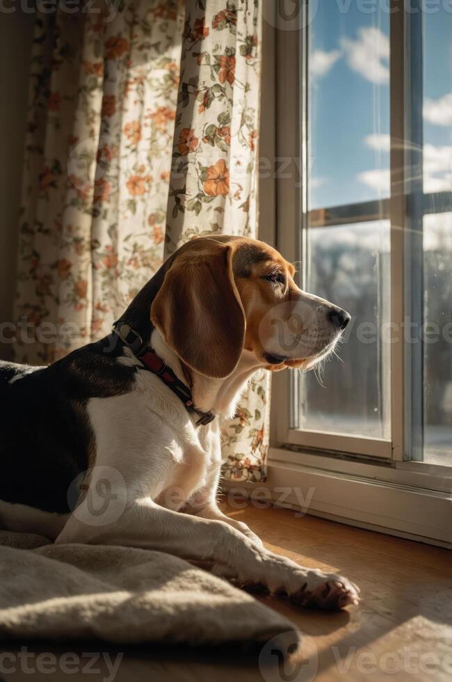 A beagle resting by a window, gazing outside with a serene expression. photo