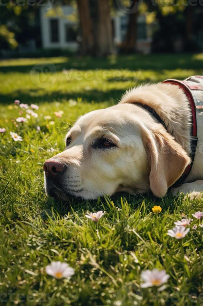 A relaxed dog lying on grass surrounded by flowers in a serene outdoor setting. photo