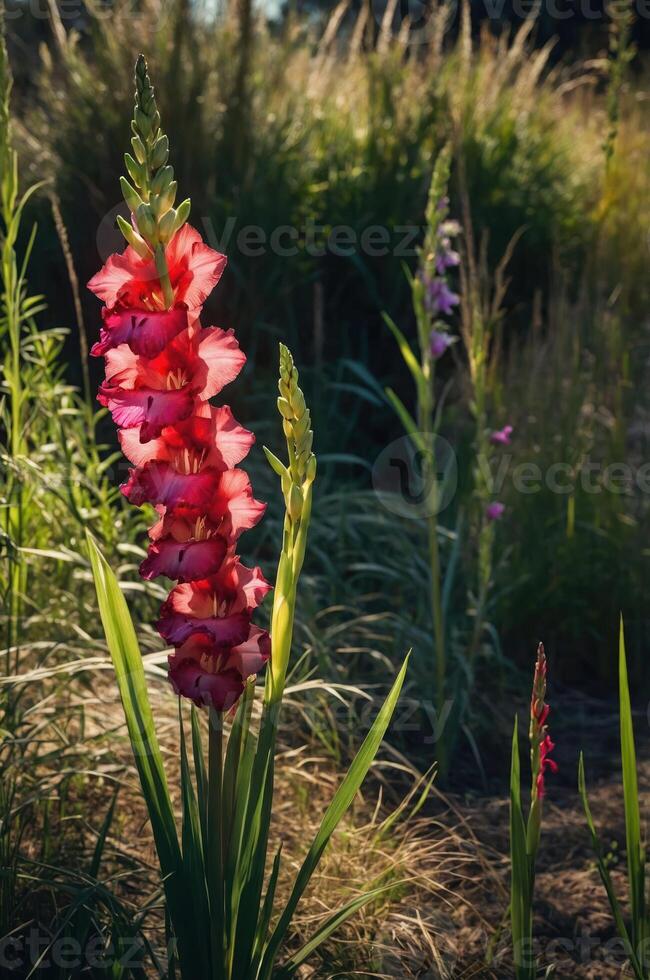 A vibrant cluster of gladiolus flowers amidst lush greenery in a natural setting. photo