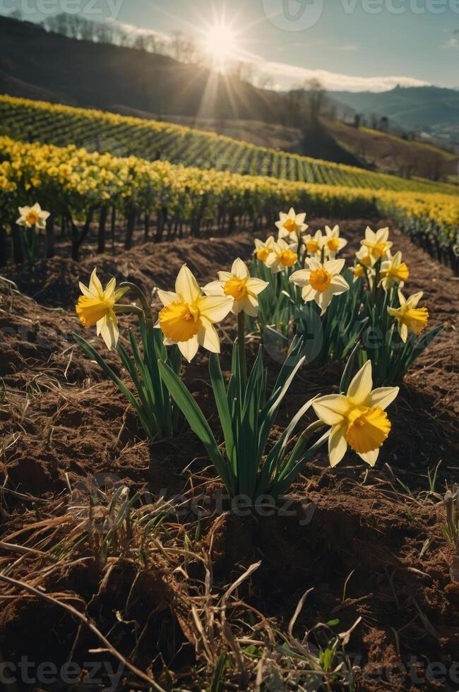 A vibrant field of daffodils with a sunset backdrop, showcasing nature's beauty. photo